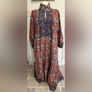 Victoria Dunn Cottage BROWN Floral 3/4 Sleeve Tiered Maxi Dress Pockets Size 2XL